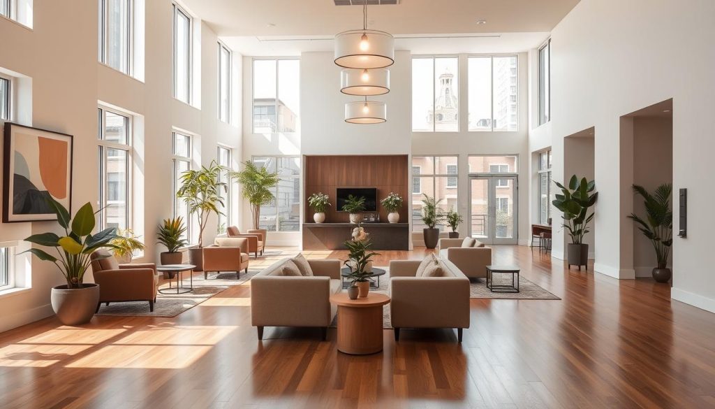 A bright, modern common area in a residential apartment building. The spacious lobby features a welcoming seating arrangement with plush sofas and armchairs, surrounded by potted plants and artwork on the walls. Large windows allow natural light to flood the space, creating a warm and inviting atmosphere. The floor is made of polished hardwood, and the walls are painted in a neutral, soothing color palette. Soft, diffused lighting fixtures hang from the ceiling, casting a gentle glow throughout the room. The overall design is minimalist yet sophisticated, reflecting a smart, contemporary aesthetic that is perfectly suited for a high-end apartment complex.