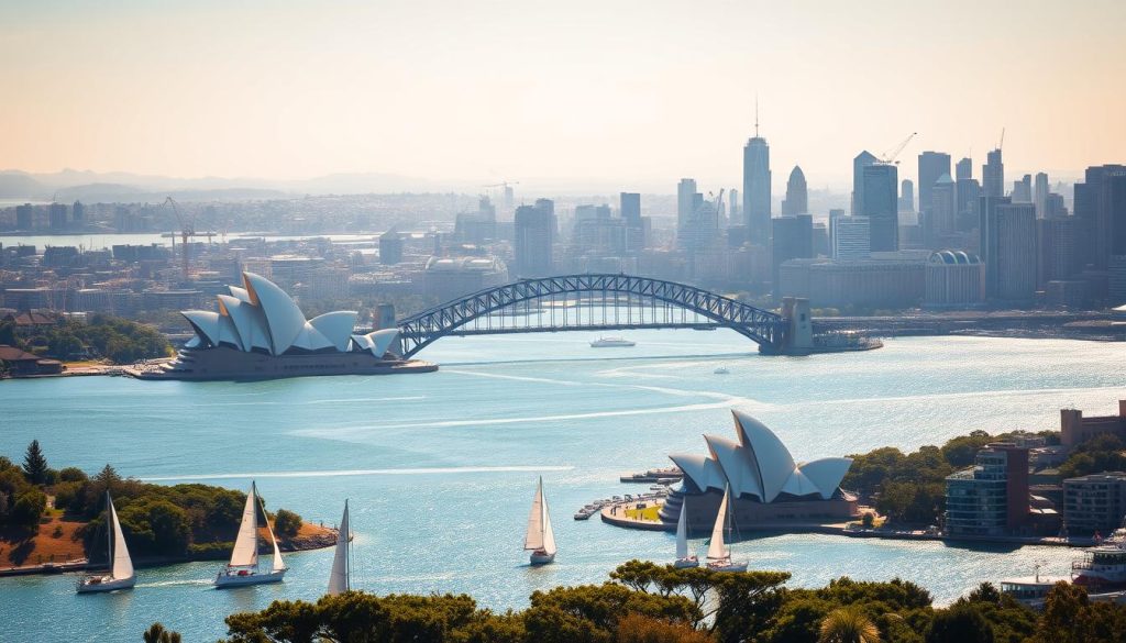A bustling cityscape of Sydney's iconic landmarks and services, bathed in warm afternoon light. In the foreground, a picturesque harbor view with sailboats dotting the sparkling waters. The middle ground features the towering silhouettes of the Sydney Opera House and Harbour Bridge, their distinctive shapes casting long shadows. In the background, a panoramic vista of the city's high-rise skyline, with cranes and construction sites hinting at ongoing development. The scene conveys a sense of vibrant activity, showcasing the range of services and industries that make Sydney a thriving, prosperous city.