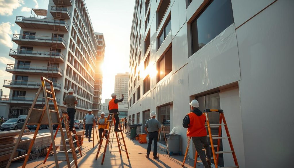 A bustling commercial construction site on a sunny day, with workers in hard hats diligently painting the exterior of a multi-story office building. The scene is captured with a wide-angle lens, showcasing the scale of the project. Soft, diffused lighting illuminates the fresh, glossy paint, which glistens on the building's facade. In the foreground, ladders and scaffolding provide the painters easy access to the upper levels, while in the background, other construction equipment and materials suggest the ongoing nature of the renovation. The overall atmosphere conveys a sense of progress and professionalism, reflecting the care and coordination required for a successful commercial painting project.