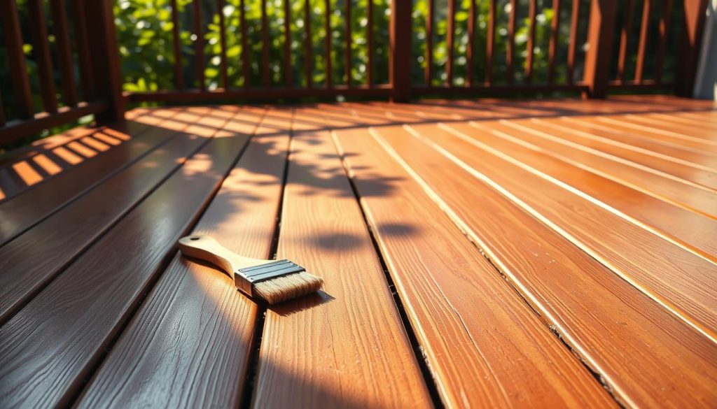 A deck in the warm afternoon sunlight, the wood freshly stained with a rich, glossy chestnut hue. The surface reflects the light, creating a smooth, even finish. In the foreground, a brush and small container of stain sit on the weathered wooden planks, suggesting the recent application. The background features a lush, verdant garden, with vibrant greenery framing the scene. The lighting is soft and diffused, creating a sense of tranquility and care. The perspective is slightly elevated, providing a clean, unobstructed view of the stained deck, showcasing its renewed beauty and protection.