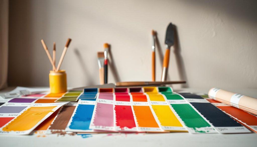 A detailed study of paint color undertones, captured in a meticulously crafted still life. In the foreground, an array of paint swatches in a range of hues, each revealing its underlying warm or cool tones. In the middle ground, a selection of paint brushes and a palette knife, tools of the trade for color experts. The background features a neutral-toned wall, allowing the vibrant colors to take center stage. Soft, directional lighting casts subtle shadows, accentuating the depth and complexity of the color relationships. The overall composition conveys a sense of scientific curiosity and artistic exploration, inviting the viewer to delve into the nuances of color theory.