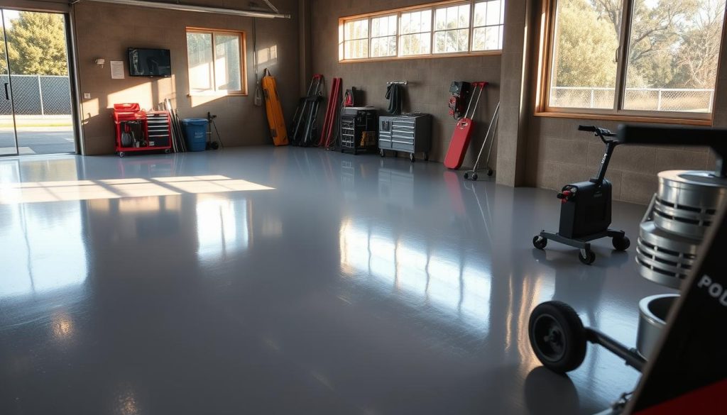 A gleaming epoxy garage floor in Sydney, Australia. The smooth, seamless surface reflects the warm, natural light filtering in through large windows. Robust concrete foundation anchors the scene, while the polished epoxy coating creates a lustrous, slip-resistant sheen. Hints of the owner's workshop tools and equipment are visible in the foreground, suggesting a functional yet stylish space. The overall composition conveys a sense of modern, practical design that enhances the safety and cleanliness of this residential or commercial garage.