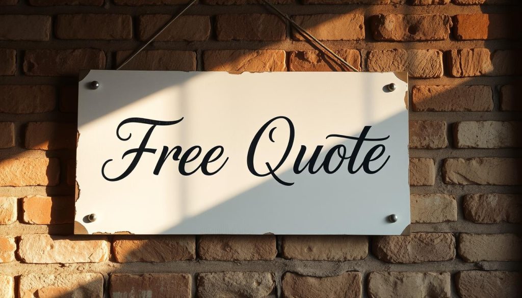 A hand-painted sign on a weathered brick wall, casting a warm, inviting glow under soft, natural lighting. The sign features elegant, calligraphic lettering that reads "Free Quote" in a bold, yet refined style. The paint is slightly distressed, adding character and a sense of authenticity. The wall provides a textured, urban backdrop, subtly hinting at the context of a shop or office. The overall composition exudes a sense of approachability, professionalism, and a willingness to engage with potential customers.