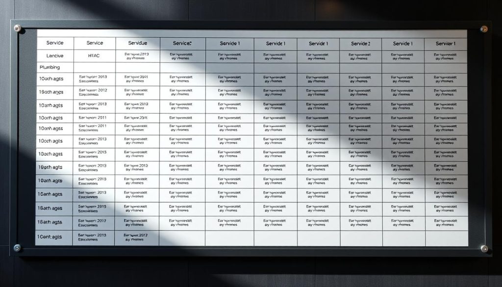 A meticulously designed service schedule board, its surface adorned with a clean, minimalist aesthetic. Neatly organized columns display service details for various building components - HVAC, plumbing, electrical, and more. Soft, directional lighting casts subtle shadows, highlighting the precision of the layout. The schedule is presented on a sleek, matte black surface, conveying a sense of professionalism and attention to detail. Crisp, legible typography allows quick, easy reference, while thoughtful use of color coding ensures clear differentiation between service types. An image that seamlessly blends form and function, reflecting the tailored approach to building maintenance.