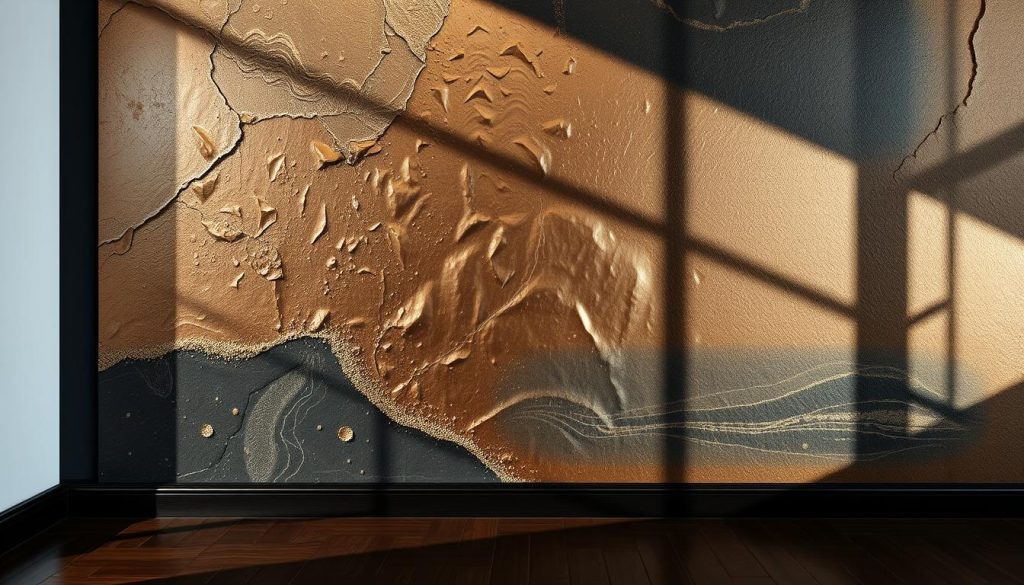 A meticulously detailed, high-resolution image of a visually stunning feature wall showcasing a variety of textured finishes and specialty painting techniques. The foreground highlights a smooth, matte black base with a captivating pattern of embossed, gilded accents. The middle ground features a dazzling array of metallic sheen, from a reflective, mercury-like surface to a brushed bronze effect. In the background, a subtly patterned, stucco-like texture in a warm, earthy tone provides depth and visual interest. The lighting casts dramatic shadows, accentuating the depth and dimensionality of the different finishes. The overall atmosphere is one of luxurious sophistication, elevating the room with a sense of artistry and refinement.