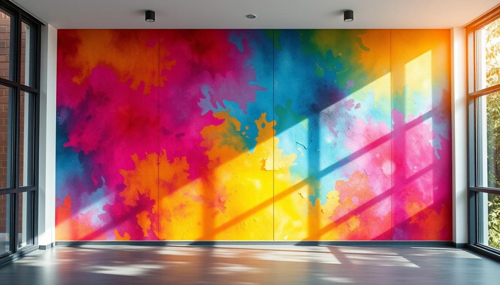 A modern feature wall in a luminous space, spray-painted in a captivating texture. Vibrant hues cascade across the surface, creating an eye-catching, contemporary finish. Matte and glossy accents interplay, adding depth and dimension. Dappled light filters through large windows, casting a warm glow that accentuates the wall's tactile qualities. The space feels refined, the spray application seamless and expertly executed. This striking visual element elevates the entire room, infusing it with a sense of sophisticated style. A modern feature wall in a luminous space, spray-painted in a captivating texture. Vibrant hues cascade across the surface, creating an eye-catching, contemporary finish. Matte and glossy accents interplay, adding depth and dimension. Dappled light filters through large windows, casting a warm glow that accentuates the wall's tactile qualities. The space feels refined, the spray application seamless and expertly executed. This striking visual element elevates the entire room, infusing it with a sense of sophisticated style.