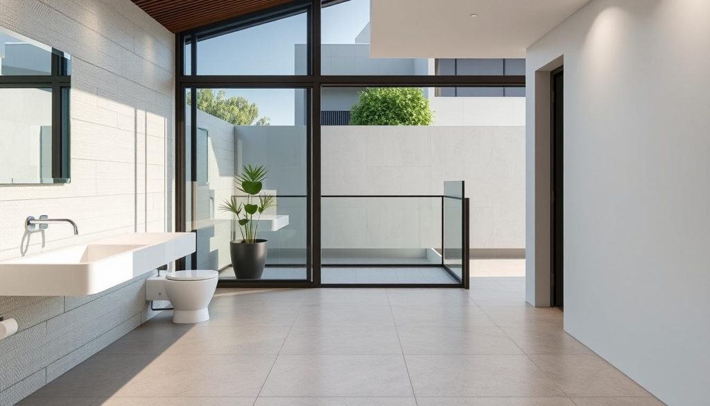 A modern, well-lit interior showcasing a range of waterproofing solutions for a Sydney property. In the foreground, a large, textured wall coating system covers the bathroom surfaces, blending seamlessly with the minimalist, contemporary tiles and fixtures. In the middle ground, a sleek, liquid-applied membrane coats a balcony, ensuring a smooth, uniform finish that resists moisture intrusion. The background features an exterior wall, protected by a flexible, high-performance waterproof membrane that maintains the building's aesthetic while providing durable, long-lasting protection. The scene conveys a sense of quality, attention to detail, and tailored waterproofing solutions suited for the Sydney climate.