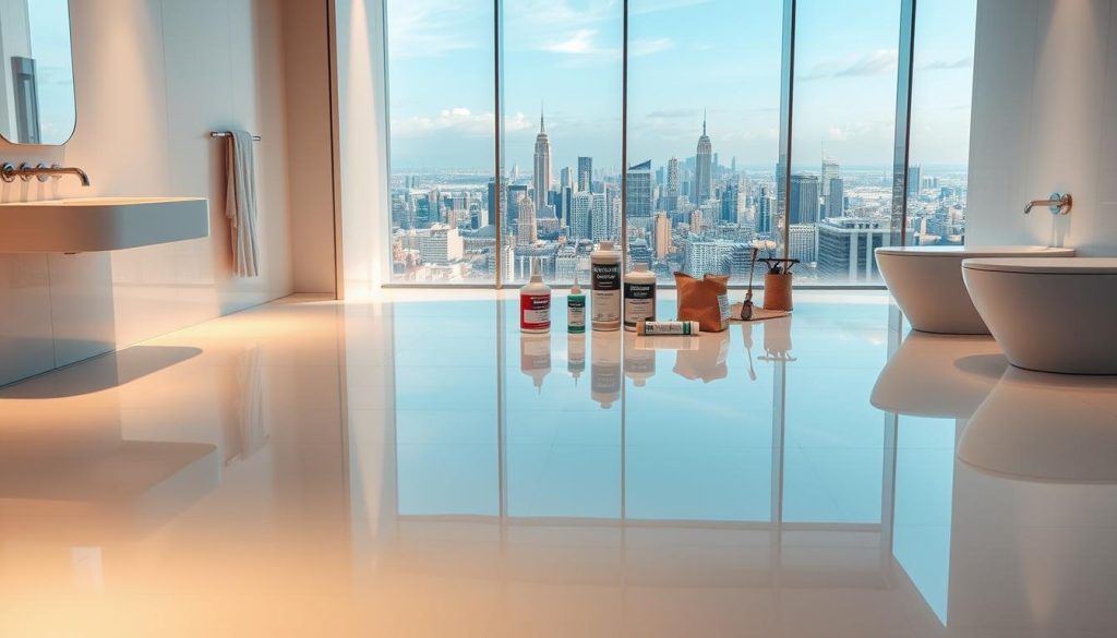A pristine bathroom with a sleek, modern aesthetic. In the foreground, a seamless, high-gloss waterproof coating covers the floor and walls, reflecting the warm, diffused lighting. The middle ground showcases a selection of premium waterproofing materials - durable membranes, sealants, and specialized tools, conveying a sense of quality craftsmanship. In the background, a panoramic view of a bustling city skyline, hinting at the outdoor applications of these waterproofing solutions. The overall scene radiates an atmosphere of confidence, reliability, and lasting protection, befitting a 20-year track record of expert workmanship.
