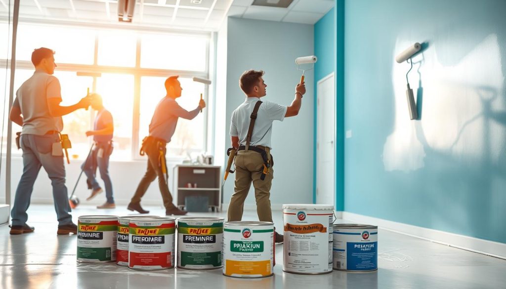 A pristine commercial painting service in progress, showcasing a team of skilled professionals meticulously transforming a bright, airy office space. The foreground features workers diligently applying paint with high-quality brushes and rollers, ensuring a smooth, even finish. The middle ground displays an array of painting supplies, including cans of premium paint in a variety of on-trend colors. In the background, the newly painted walls gleam under the warm glow of natural lighting, creating a welcoming and professional ambiance. The scene conveys a sense of efficiency, attention to detail, and a dedication to delivering exceptional results that elevate the client's brand and workspace.