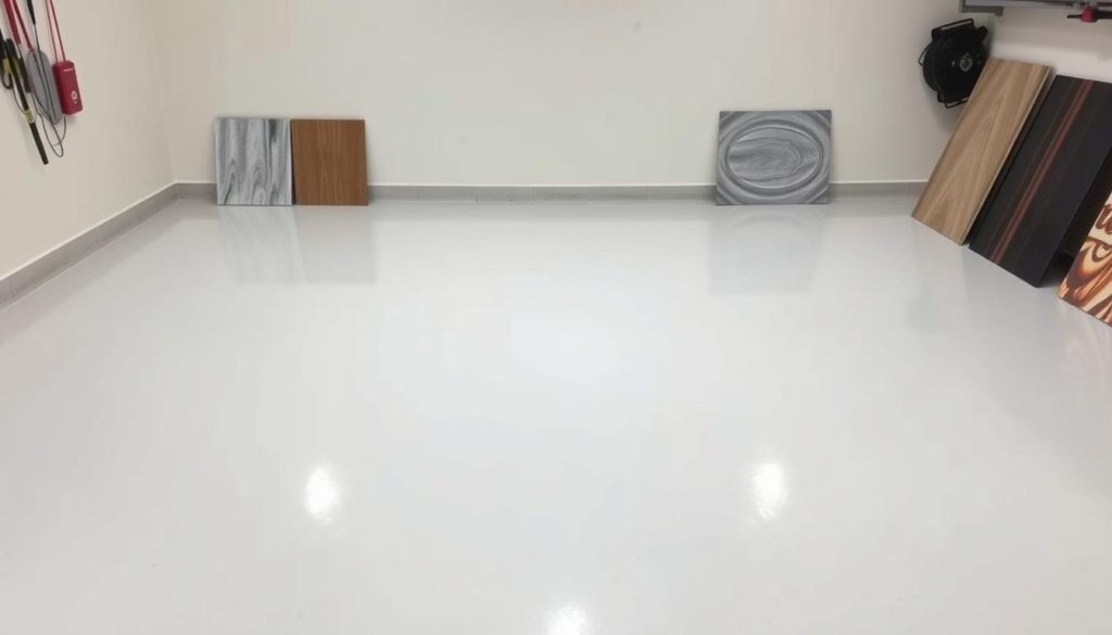 A pristine epoxy garage floor with a clean, modern aesthetic. A well-lit space showcasing various pricing options, from a simple single-color treatment to a more intricate, customized design. Carefully arranged samples of different epoxy finishes, textures, and colors, presented against a neutral background to highlight their distinct visual appeal. The scene conveys a sense of organization, professionalism, and attention to detail, reflecting the expertise of the epoxy flooring specialists. Subtle shadows and reflections add depth and dimension, creating a visually engaging and informative display.