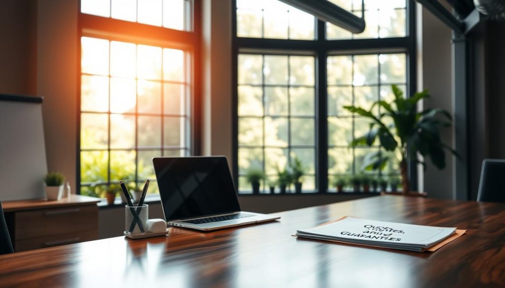 A professional, well-designed office interior with a large, glossy wooden desk in the foreground. On the desk, a laptop, a pen holder, and a stack of documents with the words "Quotes, Timing and Guarantees" visible. The background features floor-to-ceiling windows, letting in warm, natural light and showcasing a lush, green garden outside. The room has a calming, minimalist aesthetic, with subtle hints of industrial elements like metal accents and exposed beams. The overall atmosphere conveys a sense of professionalism, efficiency, and transparency.