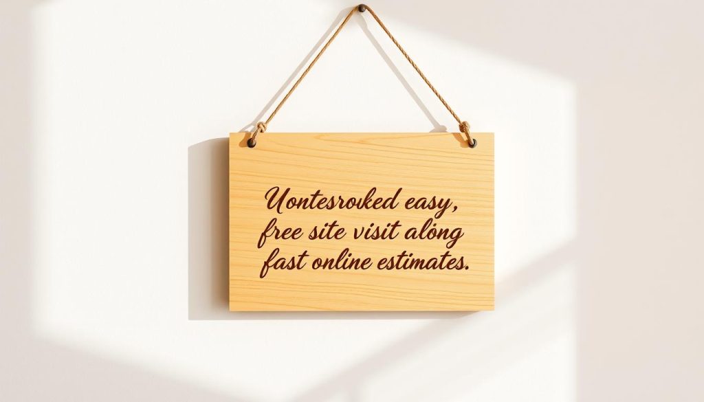 A tastefully designed, high-quality engraved wooden sign suspended against a subtly textured off-white wall. The sign features an elegant, hand-lettered quote in a modern calligraphic style, surrounded by a simple yet refined border. The lighting is soft and natural, creating a warm, inviting ambiance. The composition is balanced and visually appealing, with the sign taking center stage. The overall atmosphere evokes a sense of sophistication and attention to detail, perfectly complementing the "Quotes made easy: free site visits or fast online estimates" section of the article. A tastefully designed, high-quality engraved wooden sign suspended against a subtly textured off-white wall. The sign features an elegant, hand-lettered quote in a modern calligraphic style, surrounded by a simple yet refined border. The lighting is soft and natural, creating a warm, inviting ambiance. The composition is balanced and visually appealing, with the sign taking center stage. The overall atmosphere evokes a sense of sophistication and attention to detail, perfectly complementing the "Quotes made easy: free site visits or fast online estimates" section of the article.