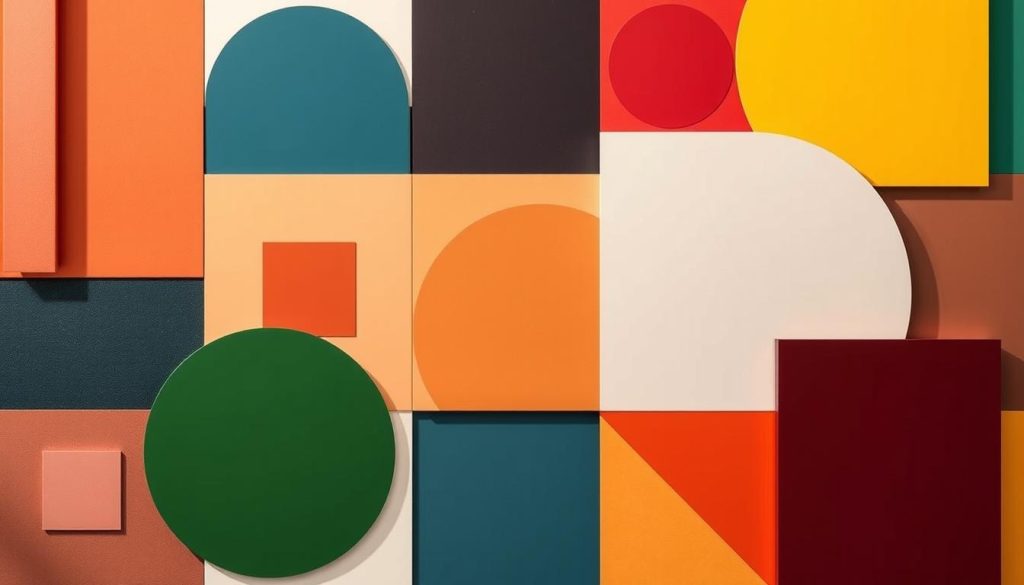 A vibrant, dynamic arrangement of overlapping geometric shapes and patterns in a harmonious color palette, capturing the essence of a thoughtfully curated color scheme. The composition features a bold, contemporary aesthetic with a focus on clean lines, balanced asymmetry, and a captivating play of light and shadow. The colors, ranging from rich, saturated hues to more muted, earthy tones, create a visually engaging and inviting atmosphere, well-suited for the "Durable materials, colour planning and finishes that last" section of the article on "Strata painting Sydney."