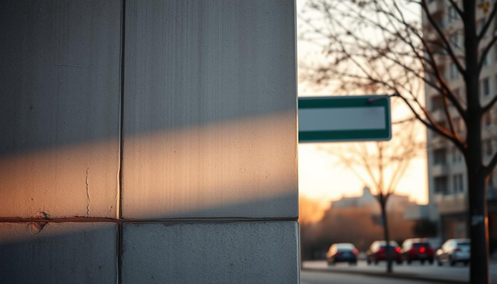 A weathered concrete wall, partially obscured by a semi-transparent anti-graffiti coating. The coating shimmers under the warm, diffuse lighting, creating a subtle prismatic effect. In the foreground, a street sign mounted on the wall appears protected, its surface unblemished. The background fades into a softly blurred urban landscape, hinting at the challenging environment this coating is designed to withstand. The overall impression is one of functional, yet elegant, protection - a seamless integration of technology and architecture to safeguard the public space.