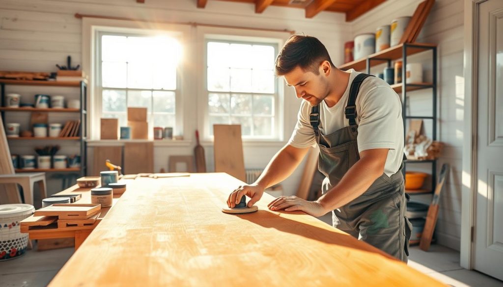 A well-lit, clean and organized worksite, with various tools and supplies neatly arranged. In the foreground, a worker in coveralls carefully sanding a wooden surface, preparing it for a fresh coat of paint. Bright sunlight filters in through large windows, illuminating the scene and casting warm, natural shadows. In the background, shelves stocked with paint cans, brushes, and other painting essentials, conveying a sense of readiness and attention to detail. The overall atmosphere is one of meticulous preparation, setting the stage for a high-quality, long-lasting exterior house painting project.