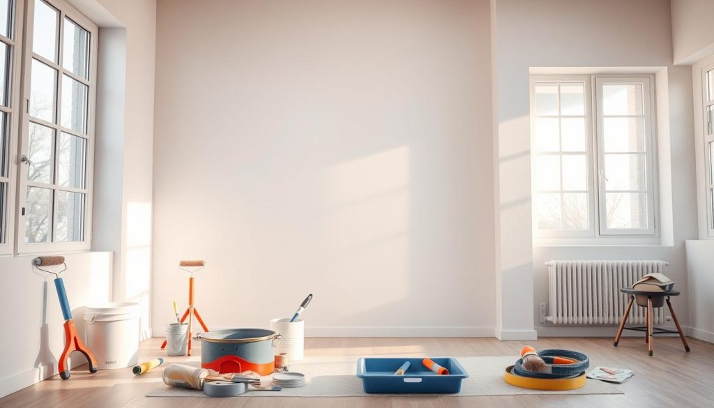 A well-lit, high-quality interior scene showing a freshly painted wall. In the foreground, various painting tools and supplies are neatly arranged, including paint rollers, brushes, trays, and tape. The middle ground features the smooth, even texture of the newly applied paint, with a flawless finish that appears uniform and consistent. The background showcases a clean, minimalist room design, with natural light streaming in from large windows, casting a warm, inviting glow. The overall atmosphere conveys a sense of attention to detail, careful preparation, and the importance of proper technique in achieving professional-grade results.