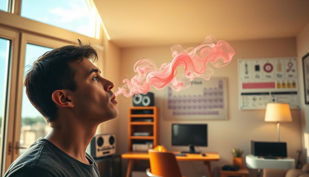 A well-lit indoor scene showing the effects of volatile organic compounds (VOCs) on air quality. In the foreground, a person breathing in deeply, their face expression conveying concern. Behind them, a window looking out onto a clear, blue sky, symbolizing the purity of outdoor air. In the middle ground, a home office setting with various electronic devices and furnishings, emitting faint wisps of colorful, translucent vapor. In the background, a periodic table of elements and scientific diagrams highlighting the molecular structure and health impacts of common VOCs. Warm, natural lighting casts a soft glow, creating an educational yet slightly unsettling atmosphere that emphasizes the importance of low-VOC paints and indoor air quality.