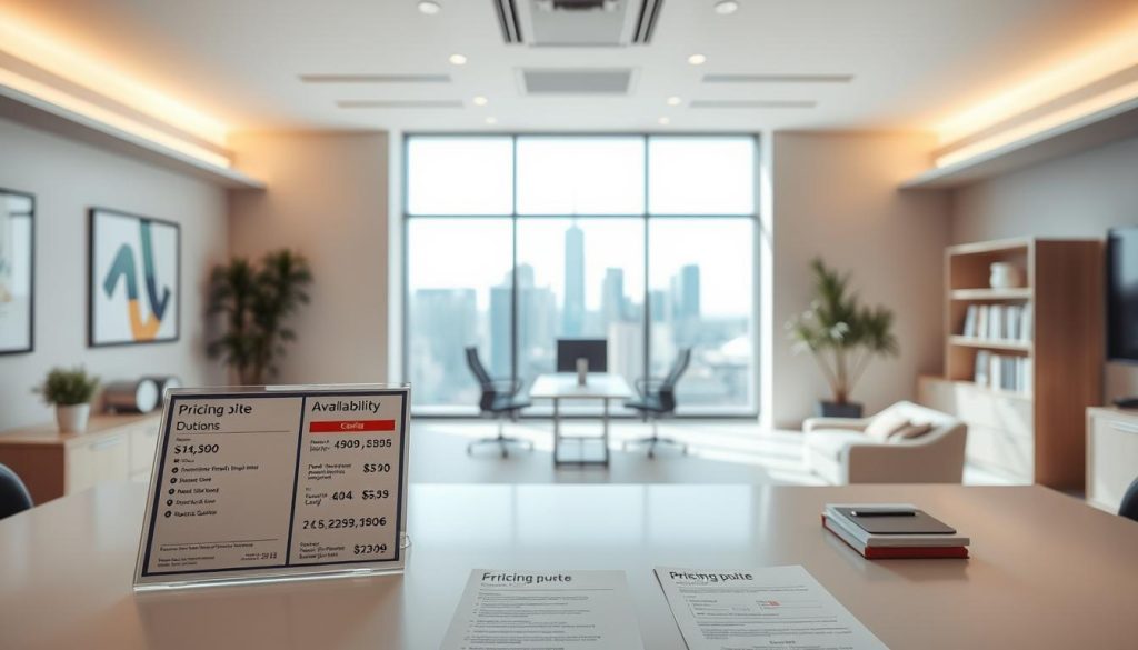 A well-lit, meticulously organized office interior, with a focus on a desk displaying price quotes, availability details, and other business information. The desk is placed in the foreground, with a clean, minimalist aesthetic and modern furniture pieces. In the middle ground, a large window offers a view of a city skyline, creating a sense of openness and professionalism. The background features soft, neutral-toned walls, and subtle ambient lighting, complementing the overall sophisticated and efficient atmosphere. The camera angle is slightly elevated, providing a clear and balanced composition that emphasizes the centrality of the pricing and availability information. A well-lit, meticulously organized office interior, with a focus on a desk displaying price quotes, availability details, and other business information. The desk is placed in the foreground, with a clean, minimalist aesthetic and modern furniture pieces. In the middle ground, a large window offers a view of a city skyline, creating a sense of openness and professionalism. The background features soft, neutral-toned walls, and subtle ambient lighting, complementing the overall sophisticated and efficient atmosphere. The camera angle is slightly elevated, providing a clear and balanced composition that emphasizes the centrality of the pricing and availability information.
