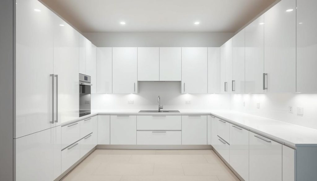 A well-lit, modern kitchen with sleek, minimalist white cabinets spanning the length of the walls. The cabinets have a seamless, factory-finished appearance, with clean lines and a smooth, even texture. Subtle lighting highlights the angular edges and reflective surfaces, creating a sense of depth and dimension. The cabinets are complemented by a neutral, light-colored backsplash and countertop, creating a cohesive and visually appealing space. The scene is captured from a slightly elevated angle, emphasizing the clean, organized layout and the overall sense of harmony and precision. A well-lit, modern kitchen with sleek, minimalist white cabinets spanning the length of the walls. The cabinets have a seamless, factory-finished appearance, with clean lines and a smooth, even texture. Subtle lighting highlights the angular edges and reflective surfaces, creating a sense of depth and dimension. The cabinets are complemented by a neutral, light-colored backsplash and countertop, creating a cohesive and visually appealing space. The scene is captured from a slightly elevated angle, emphasizing the clean, organized layout and the overall sense of harmony and precision.