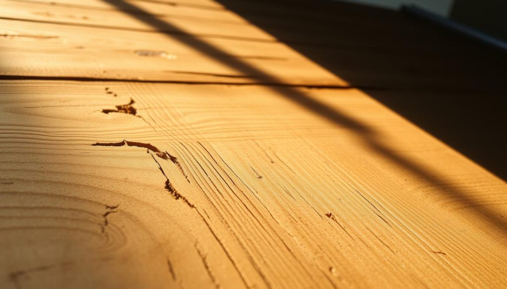 A well-worn wooden surface, its grain and texture clearly visible, bathed in warm, natural lighting that casts gentle shadows. The surface appears smooth, with subtle variations in color and hue, suggesting a history of use and care. In the foreground, the wood is highlighted, drawing the viewer's eye to its intricate patterns and weathered appearance. The middle ground includes a mix of clean, freshly painted surfaces, contrasting with the aged, textured wood. In the background, a seamless transition to the overall exterior house painting, showcasing the cohesive integration of different surfaces. The overall atmosphere conveys a sense of durability, attention to detail, and a commitment to preserving the integrity of the home's exterior.