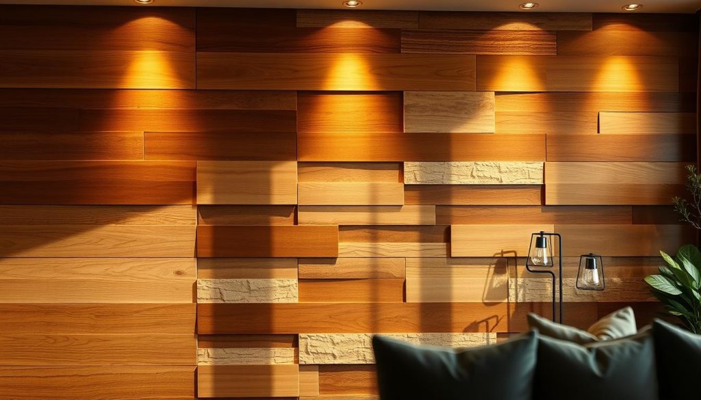 Residential feature wall with warm, textured surface in a cozy living room. Layered patterns and shapes in natural earthy tones create a focal point, bathed in soft, indirect lighting. Wooden paneling or stone-like finish in the foreground, with a mix of matte and glossy accents. Subtle shadows and highlights add depth and dimension. The composition captures a sense of tranquility and timeless elegance, elevating the everyday living space.