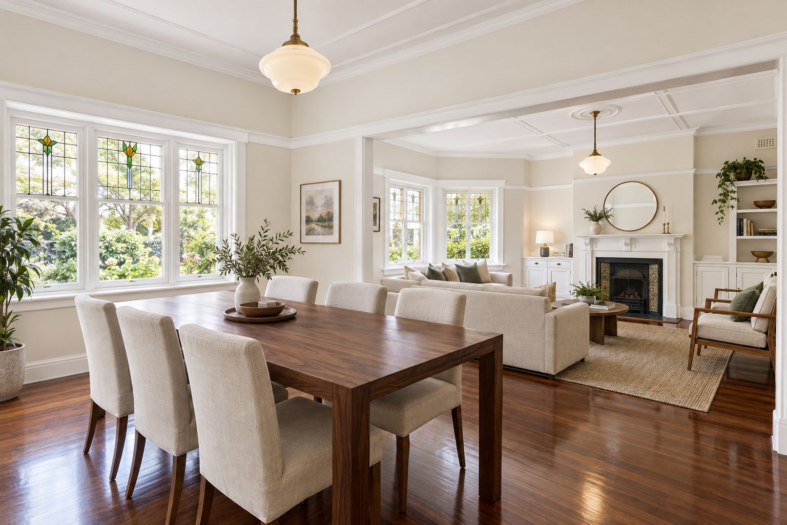 Same dining and living room after repainting in warm white