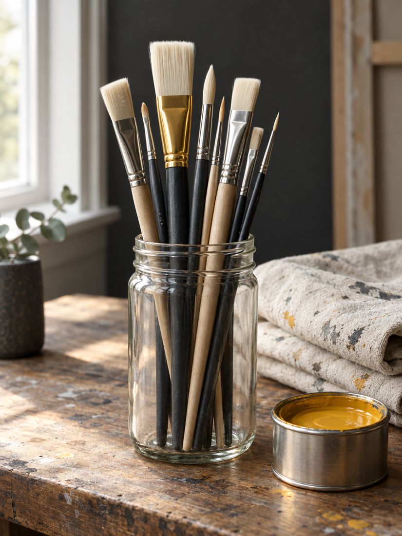 Clean sash brushes and a roller resting in a painter's tray