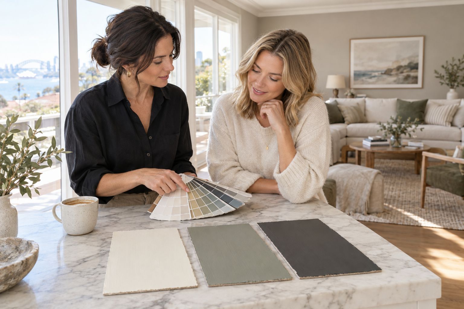 Colour consultant showing large sample boards to a homeowner