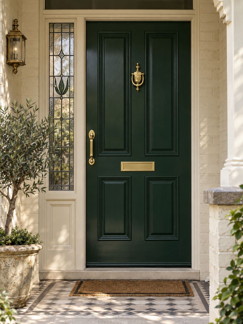 Freshly painted deep green front door with brass hardware