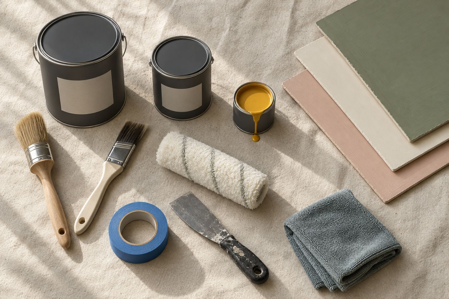 Paint tins, brushes and colour sample boards arranged on a drop sheet