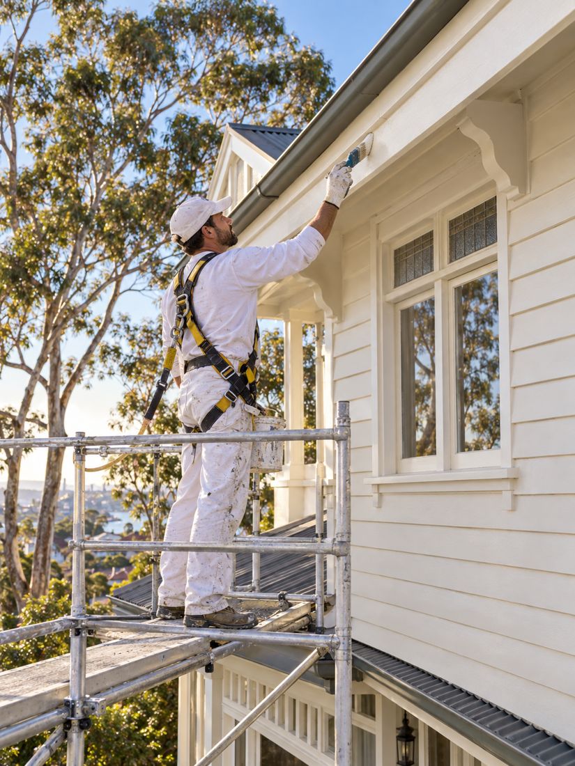 Painter on a platform painting the eaves of a two-storey home