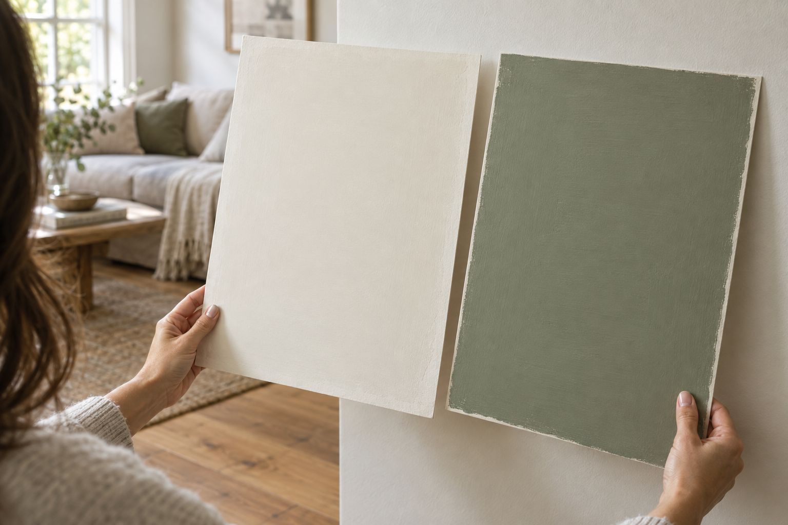 Large colour sample boards held against a living room wall