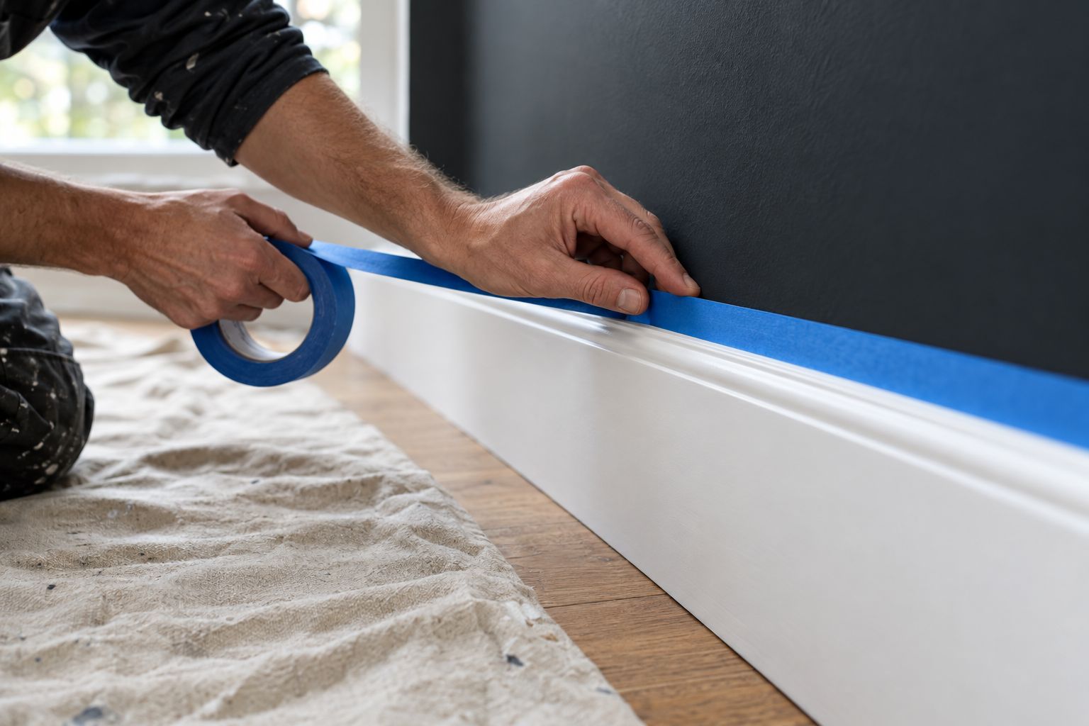 Masking tape being peeled to reveal a crisp paint edge