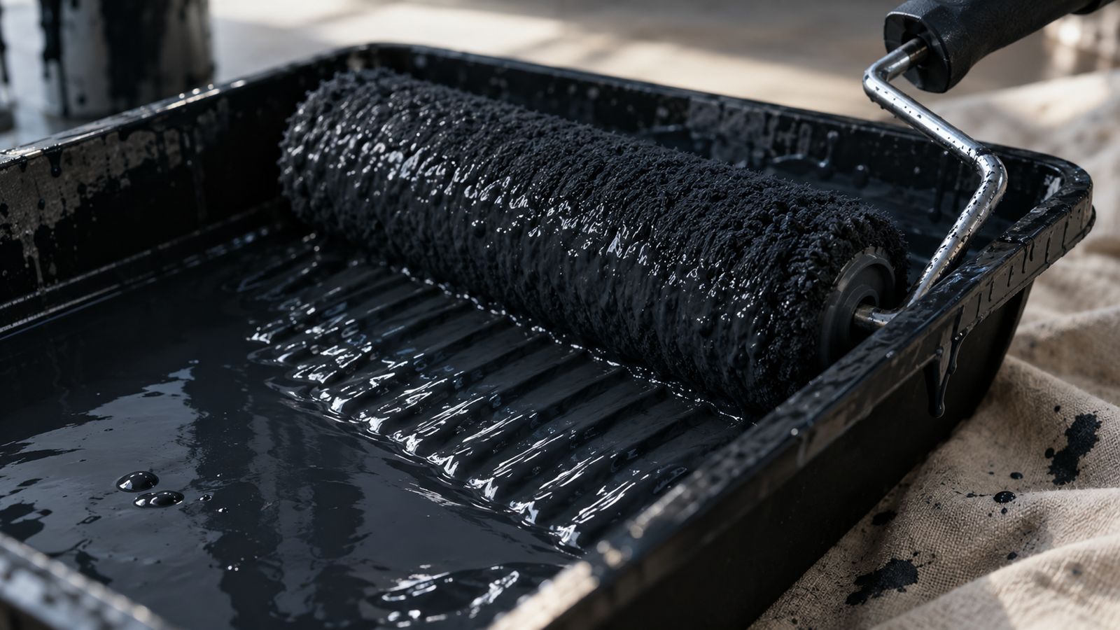 Roller loaded with charcoal paint in a tray