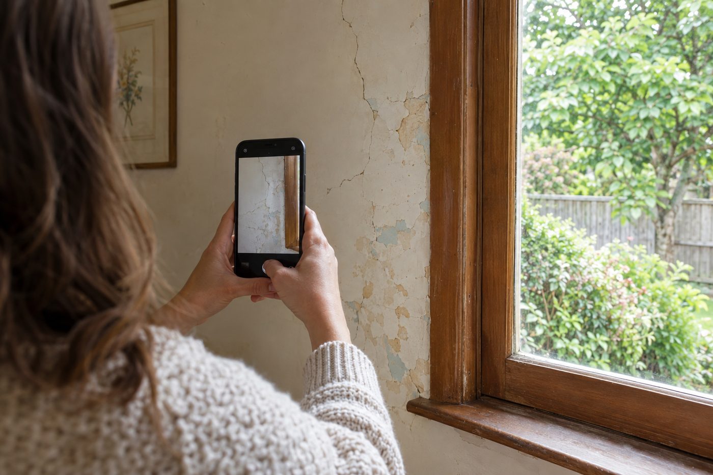 Homeowner photographing a cracked, flaking wall with a phone