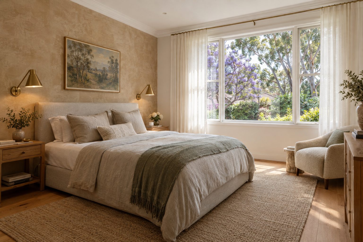 Master bedroom in Gordon with a sand-toned limewash feature wall and garden view