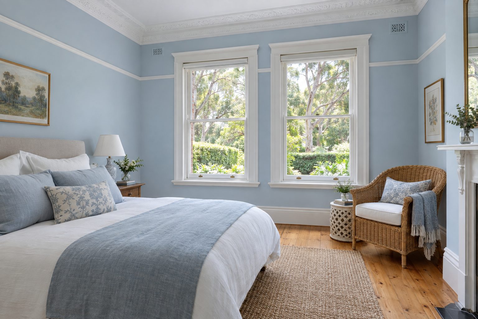 Heritage bedroom in Killara painted soft powder blue with white cornices