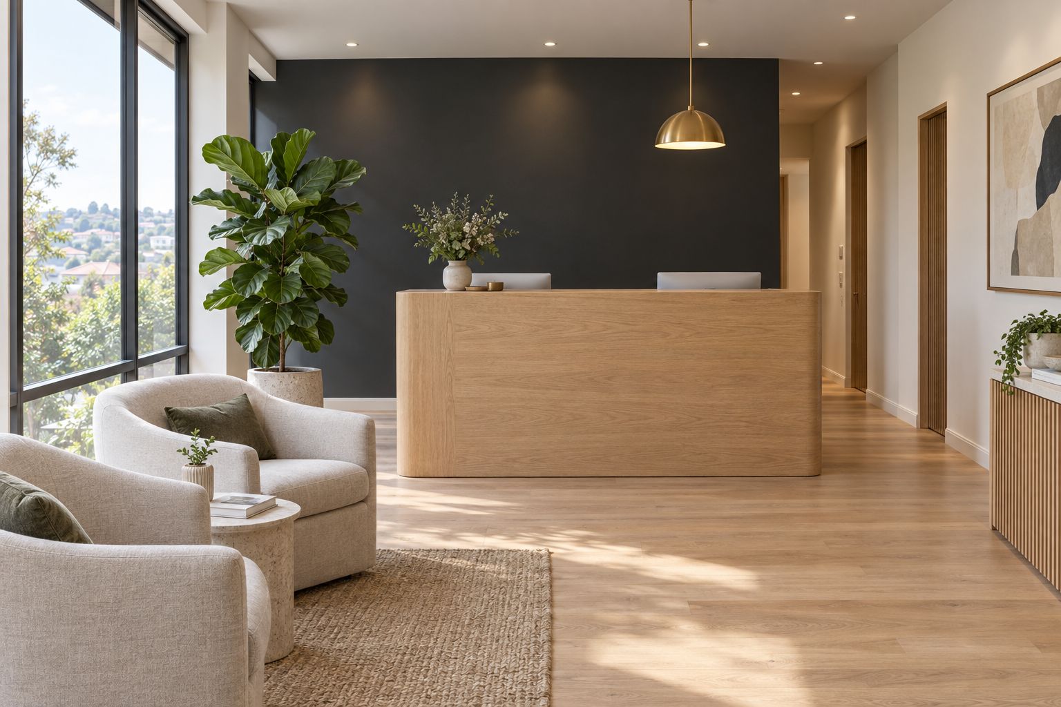 Commercial café interior with a navy feature wall