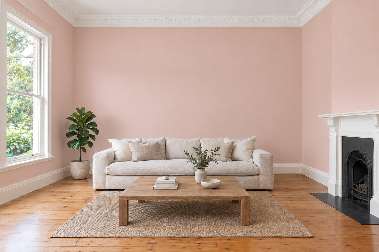 Living room with blush pink walls