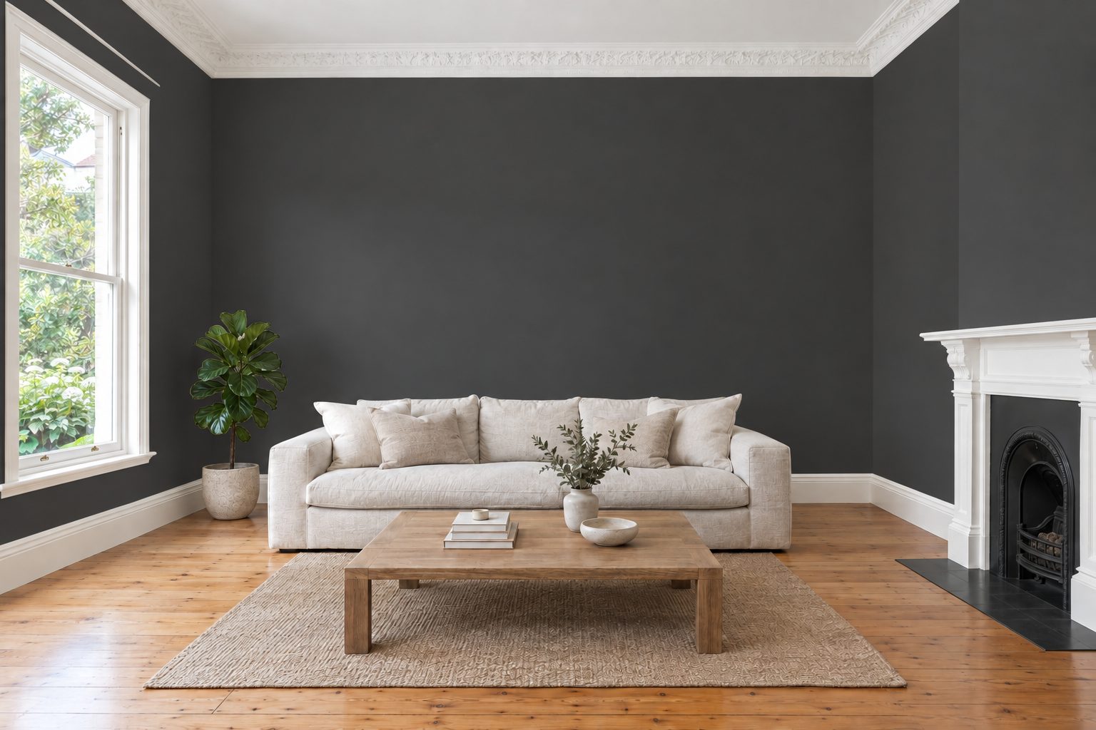 Living room with charcoal walls