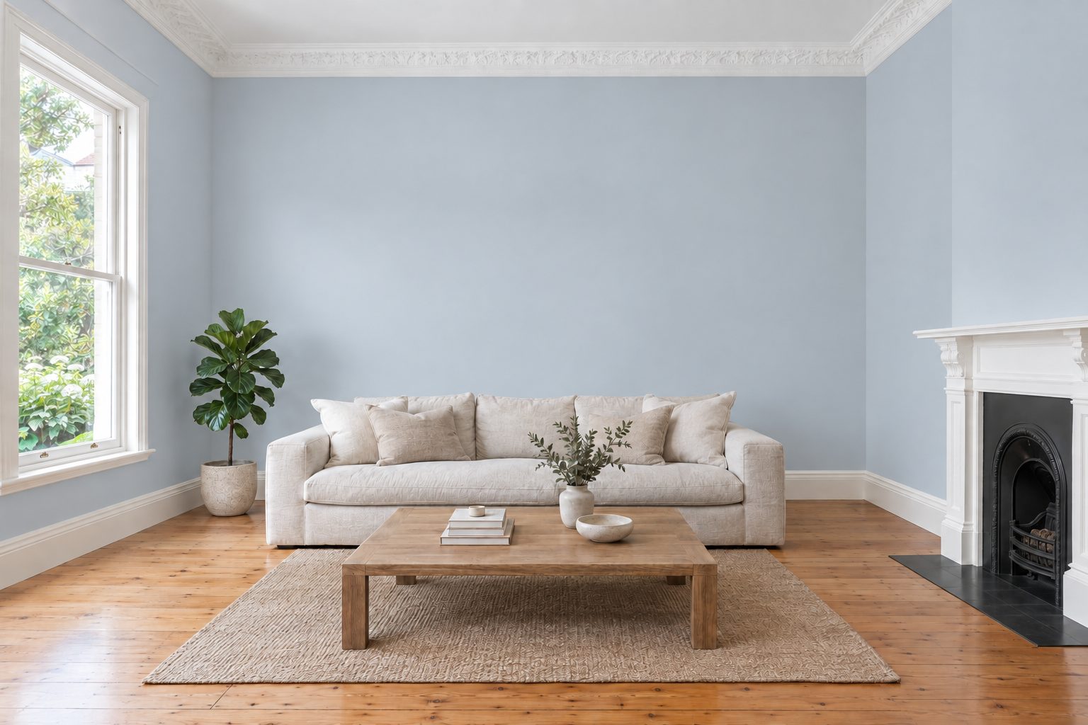 Living room with soft grey-blue walls