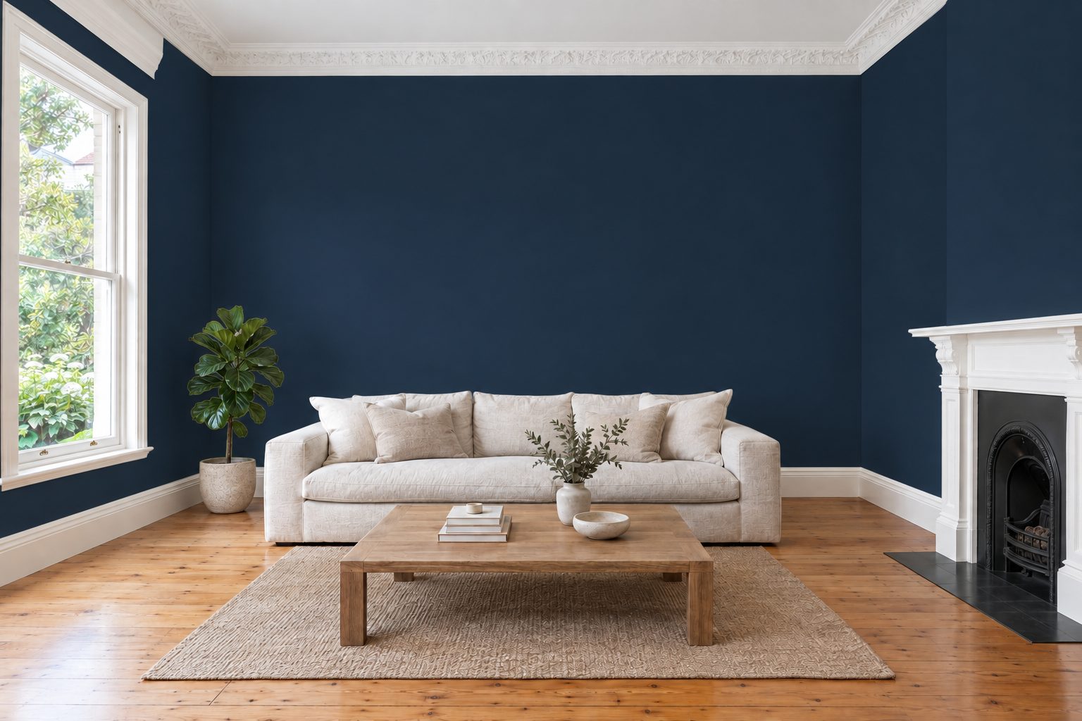 Living room with deep navy walls