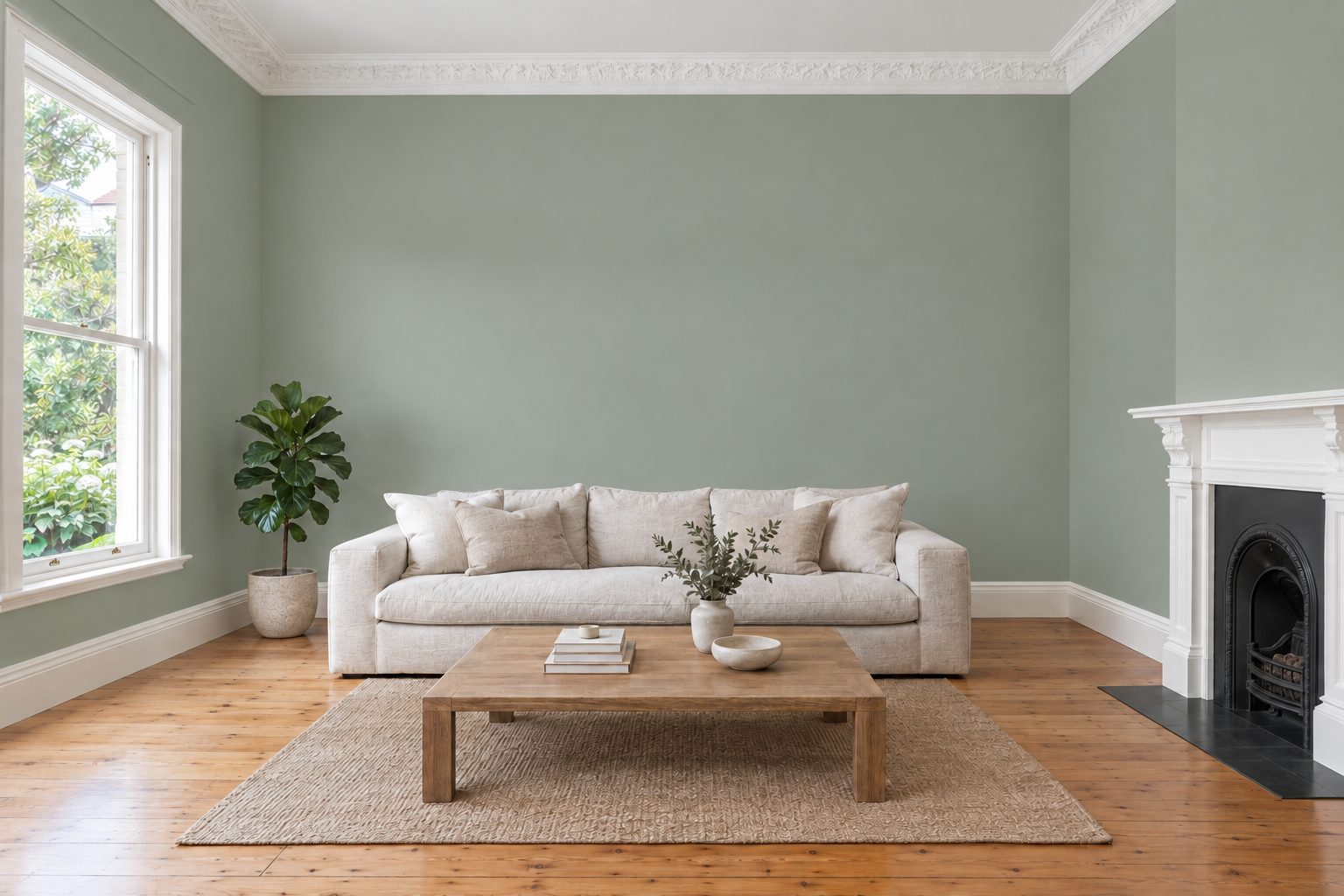 Living room with sage green walls