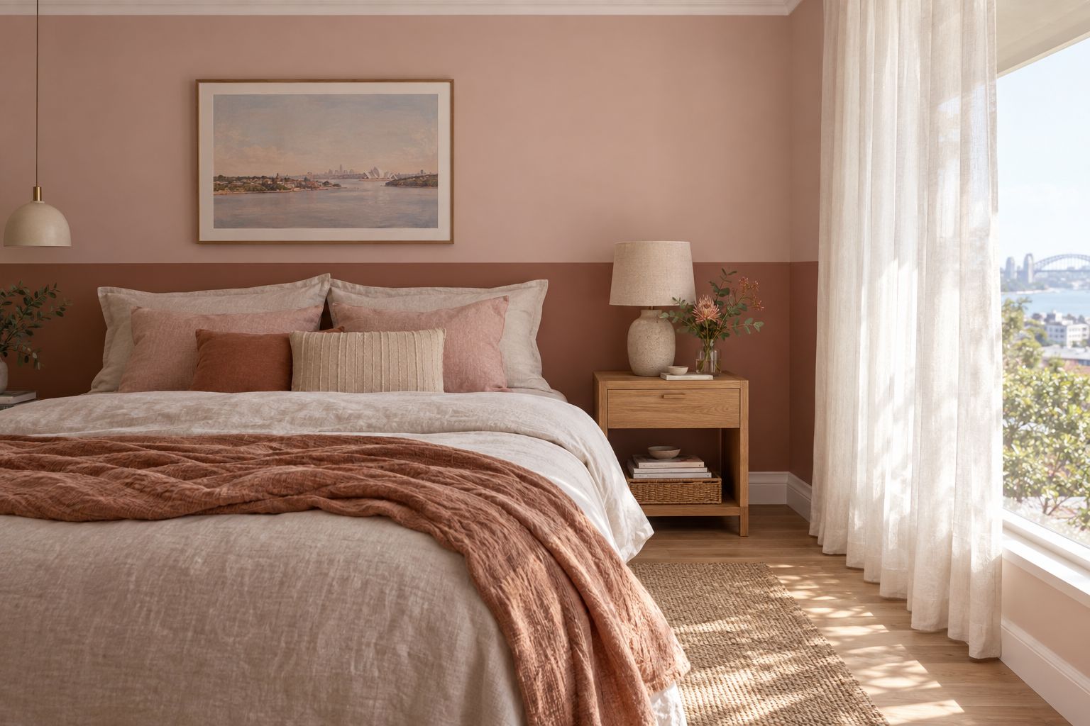 Blush pink bedroom with a clay coloured arch