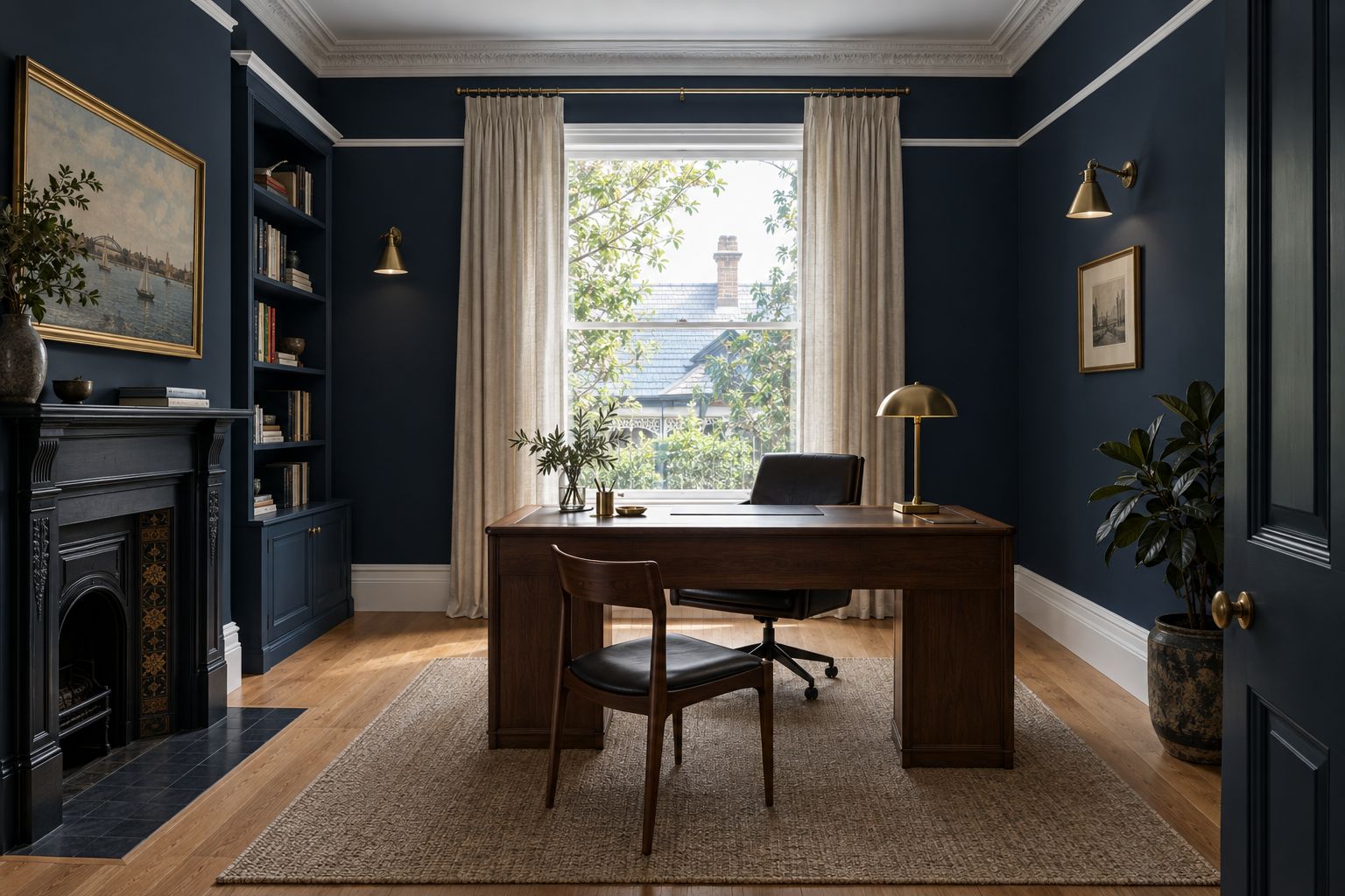 Navy study with brass lighting and timber desk