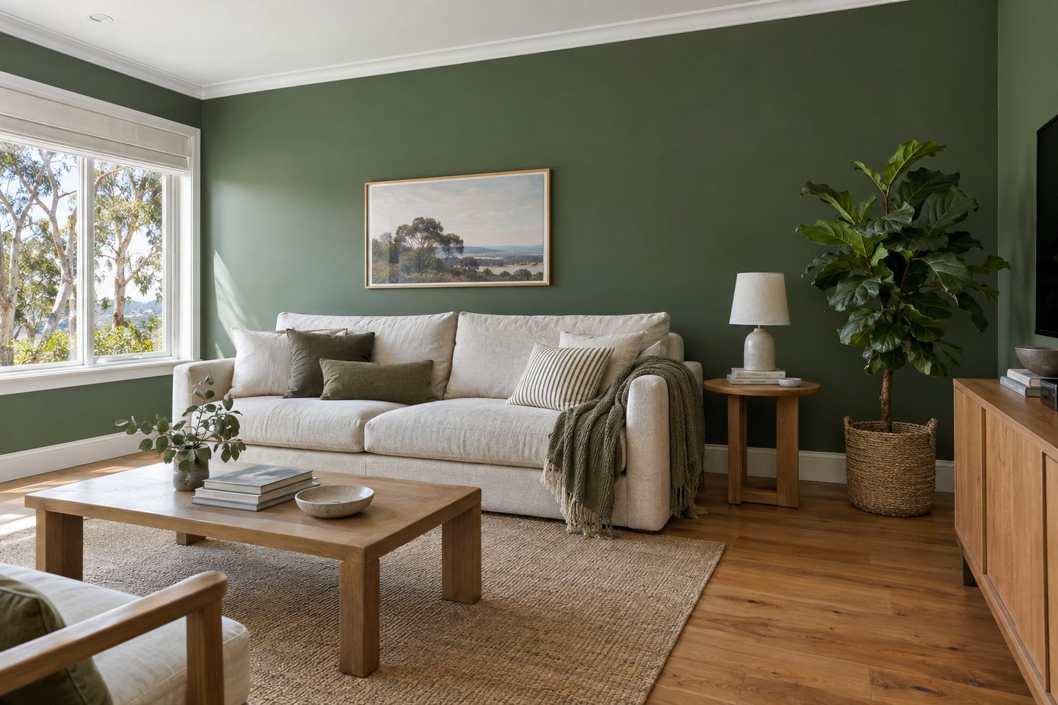 Sage green living room with timber floors