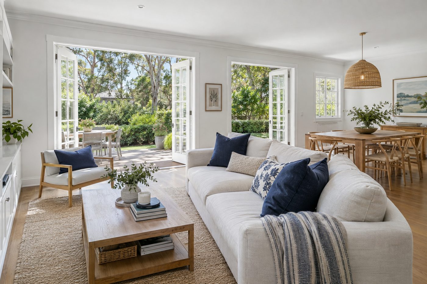 Bright white living and dining room opening onto a leafy garden