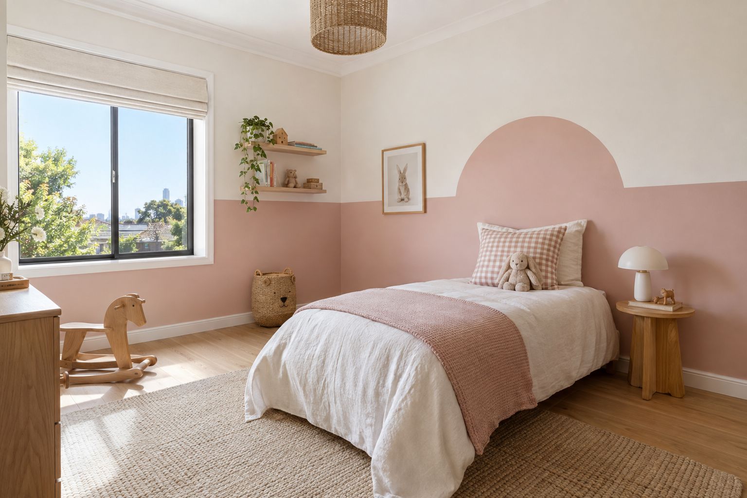 Interior painting of a bedroom with soft pink walls